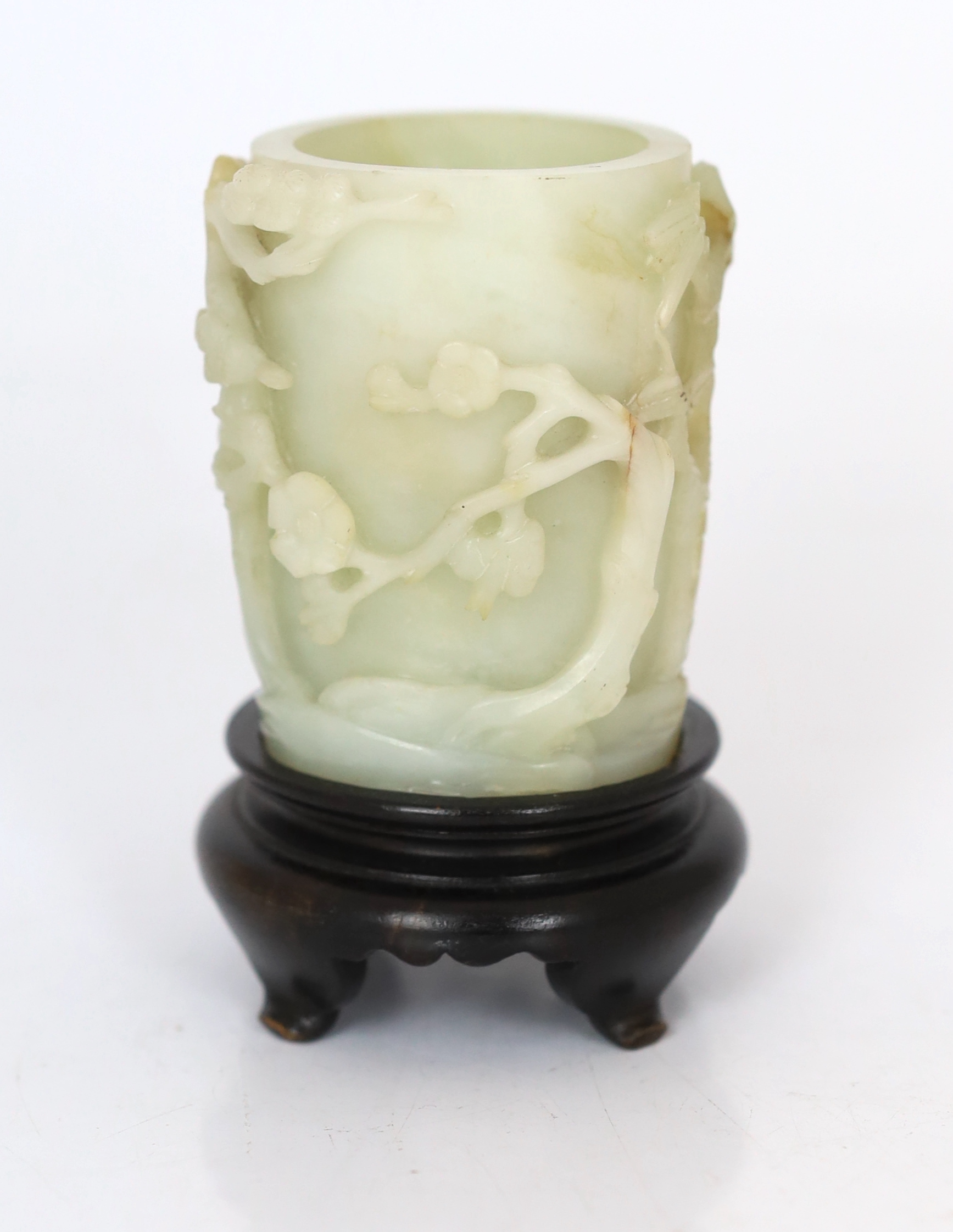 A Chinese pale celadon and russet jade brush pot, bitong, 18th century